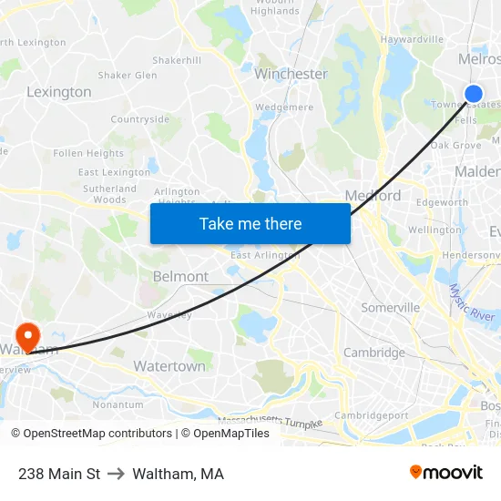 238 Main St to Waltham, MA map