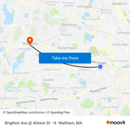 Brighton Ave @ Allston St to Waltham, MA map