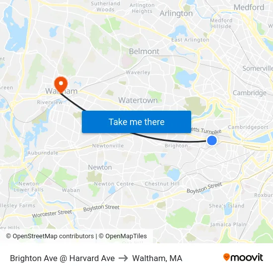 Brighton Ave @ Harvard Ave to Waltham, MA map