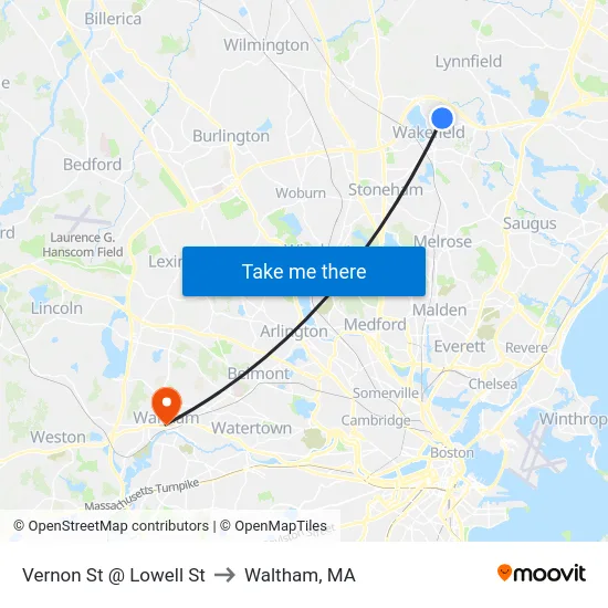 Vernon St @ Lowell St to Waltham, MA map