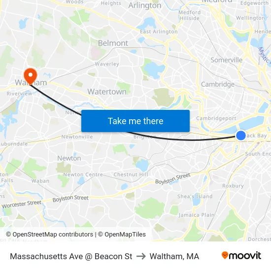 Massachusetts Ave @ Beacon St to Waltham, MA map