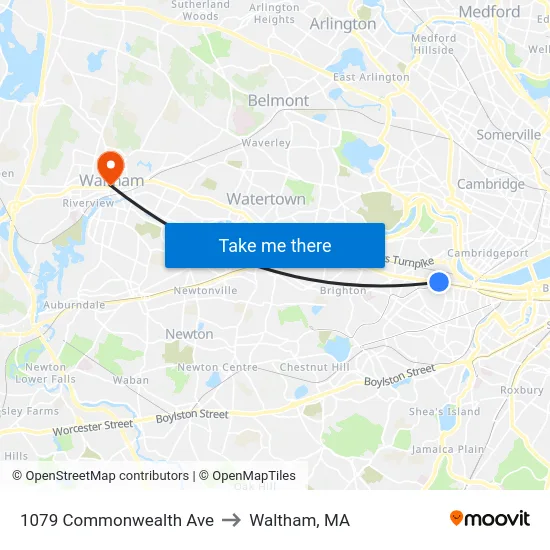 1079 Commonwealth Ave to Waltham, MA map
