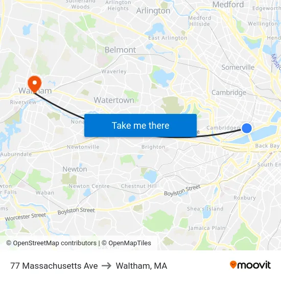 77 Massachusetts Ave to Waltham, MA map