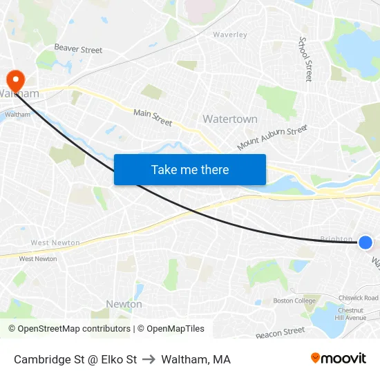 Cambridge St @ Elko St to Waltham, MA map