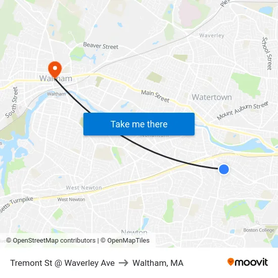 Tremont St @ Waverley Ave to Waltham, MA map
