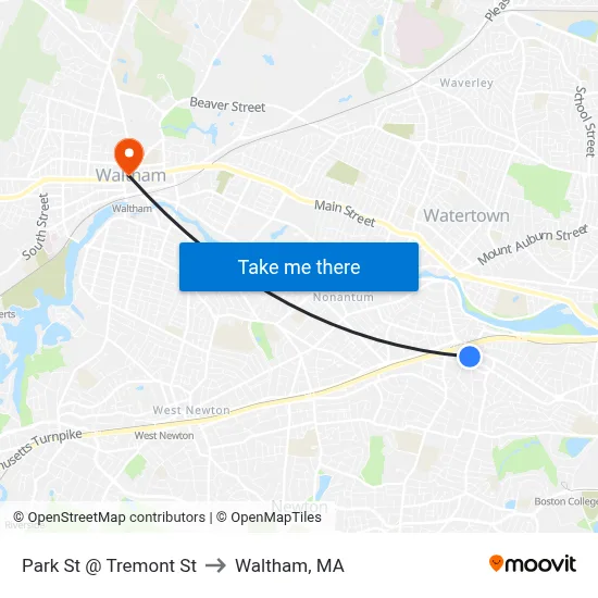 Park St @ Tremont St to Waltham, MA map
