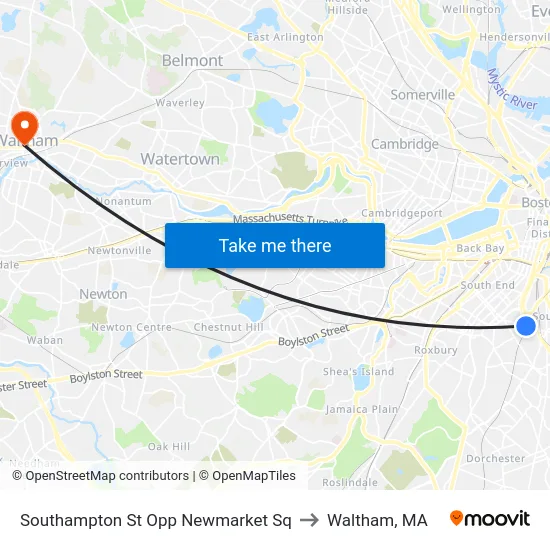 Southampton St Opp Newmarket Sq to Waltham, MA map