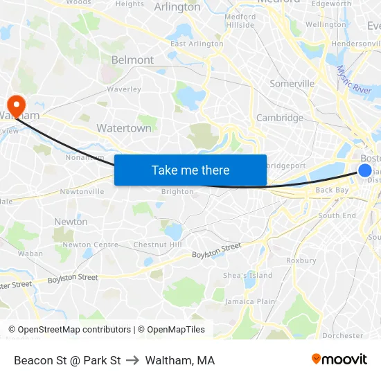 Beacon St @ Park St to Waltham, MA map