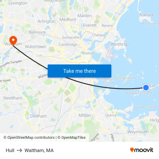 Hull to Waltham, MA map