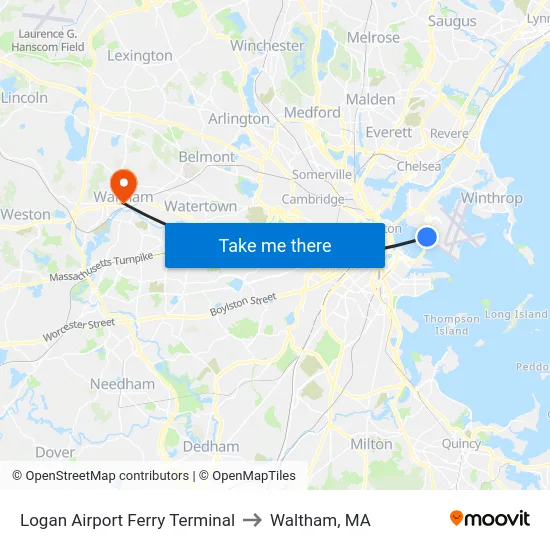 Logan Airport Ferry Terminal to Waltham, MA map