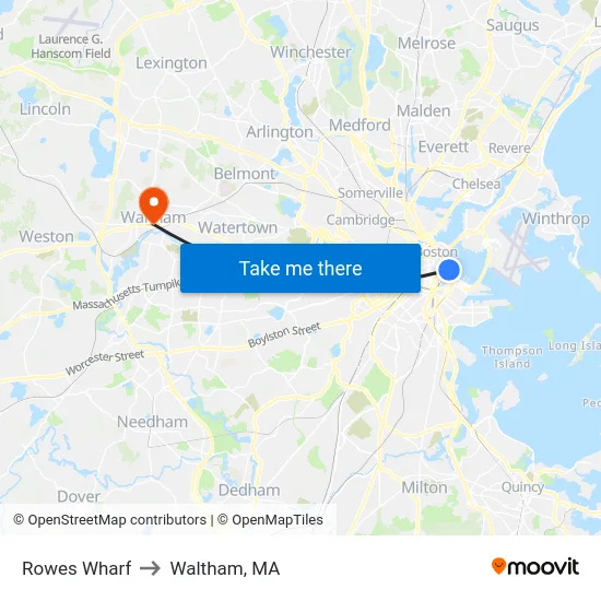 Rowes Wharf to Waltham, MA map