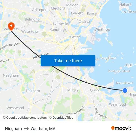 Hingham to Waltham, MA map