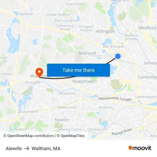 Alewife to Waltham, MA map