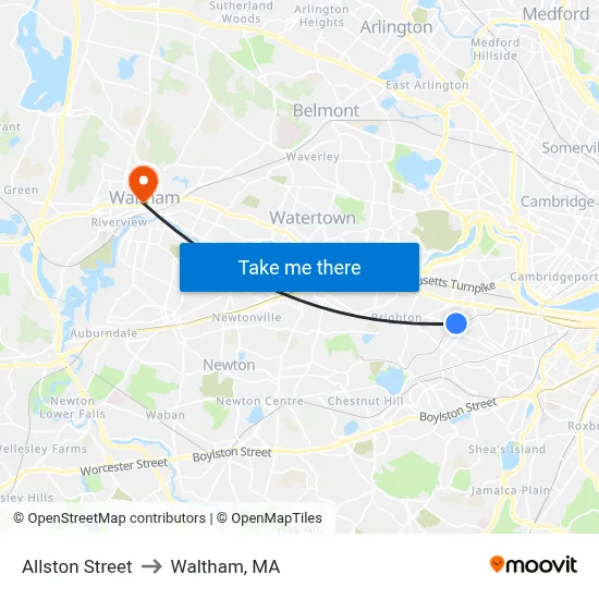 Allston Street to Waltham, MA map