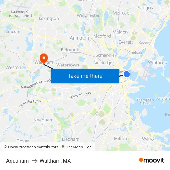 Aquarium to Waltham, MA map