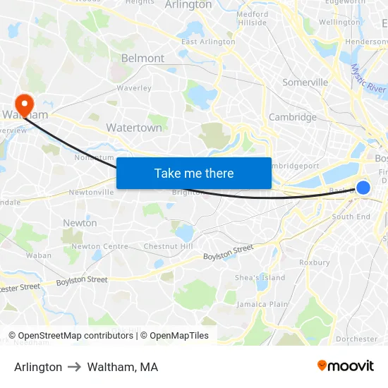Arlington to Waltham, MA map