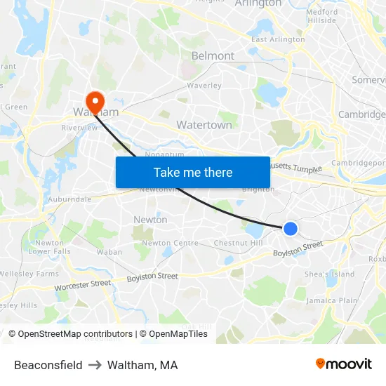 Beaconsfield to Waltham, MA map