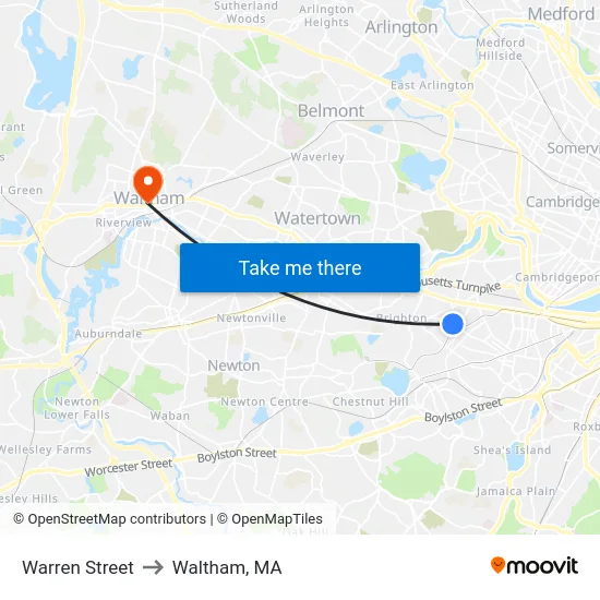 Warren Street to Waltham, MA map
