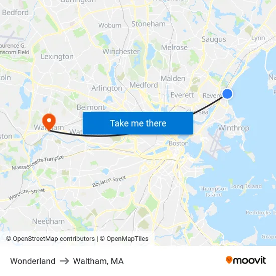 Wonderland to Waltham, MA map