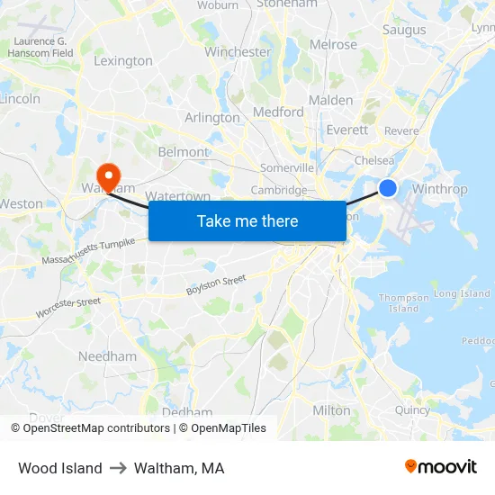 Wood Island to Waltham, MA map