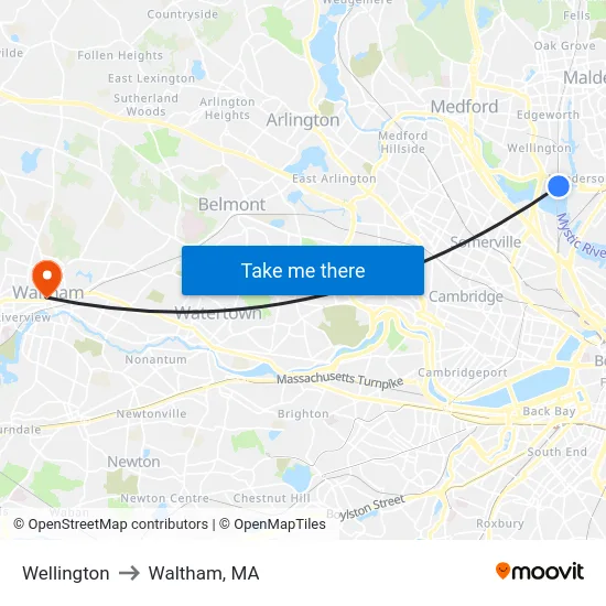 Wellington to Waltham, MA map