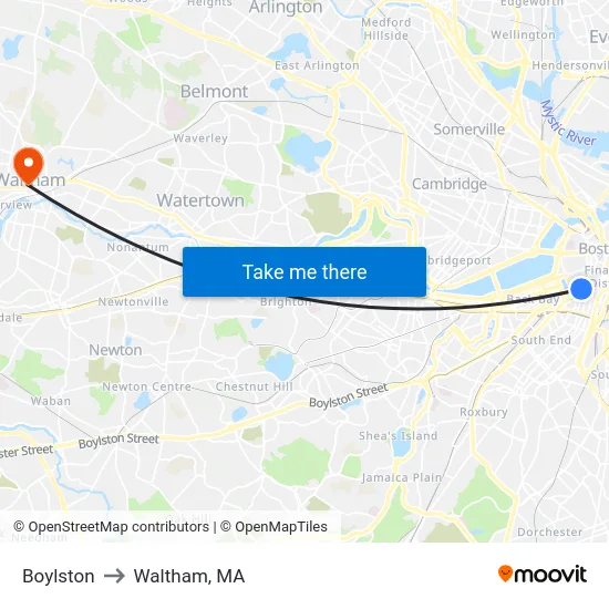 Boylston to Waltham, MA map