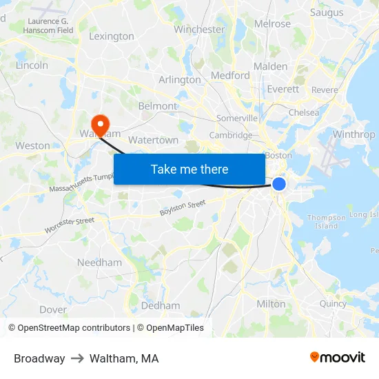 Broadway to Waltham, MA map