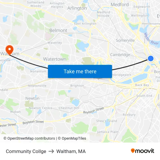 Community Collge to Waltham, MA map