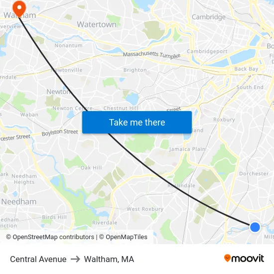 Central Avenue to Waltham, MA map