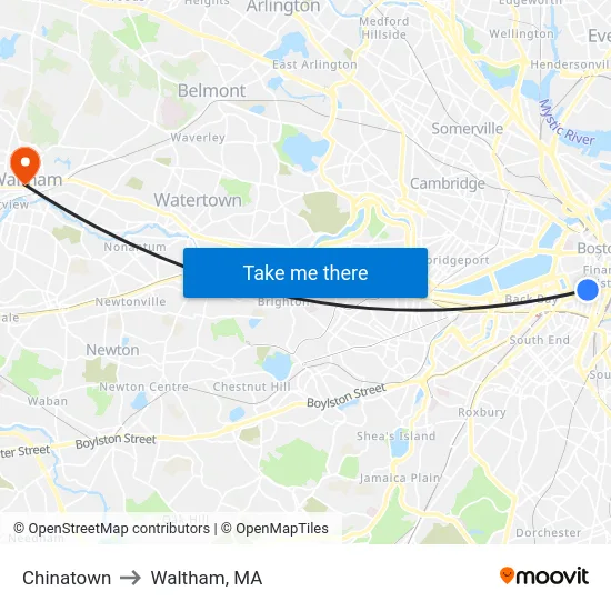 Chinatown to Waltham, MA map