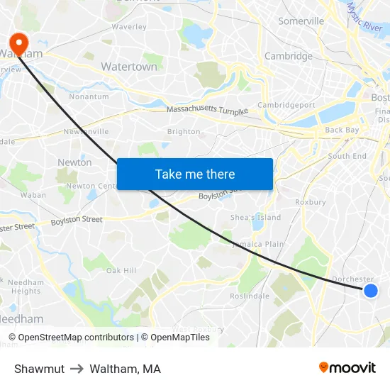 Shawmut to Waltham, MA map