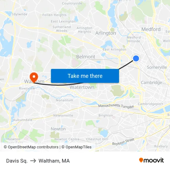 Davis Sq. to Waltham, MA map