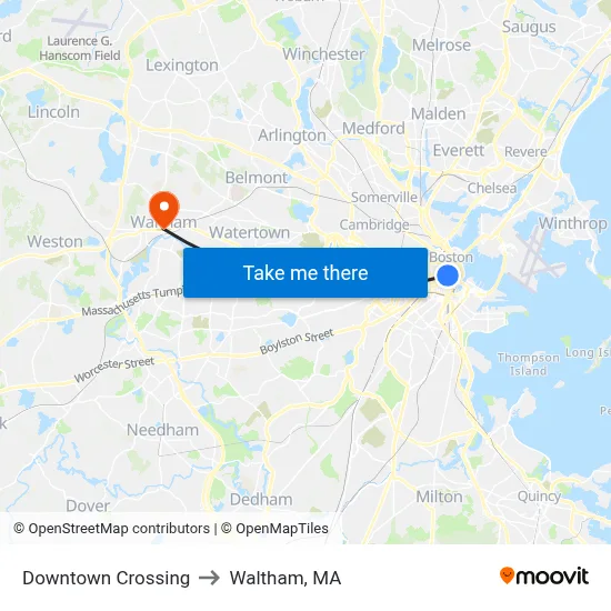 Downtown Crossing to Waltham, MA map