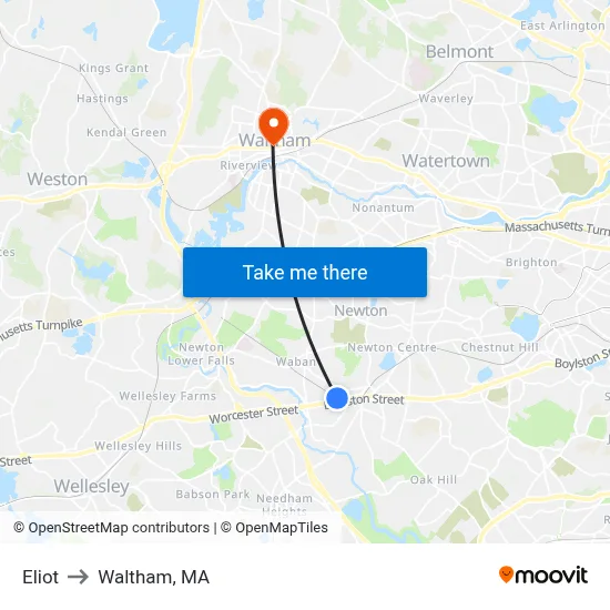 Eliot to Waltham, MA map