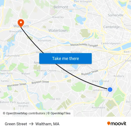 Green Street to Waltham, MA map