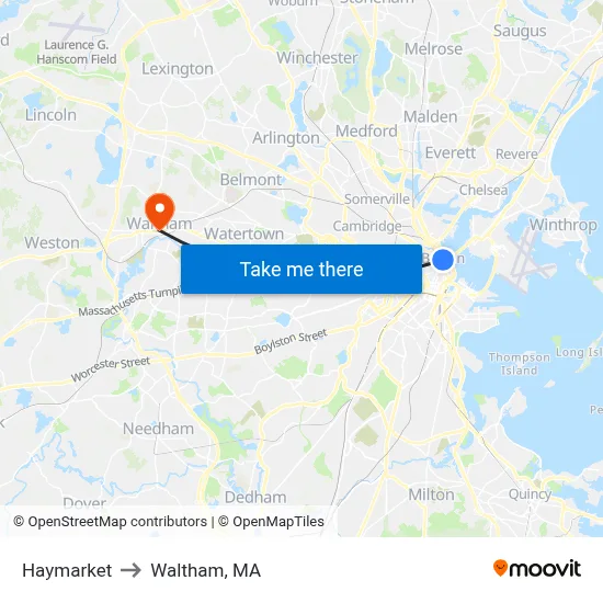 Haymarket to Waltham, MA map