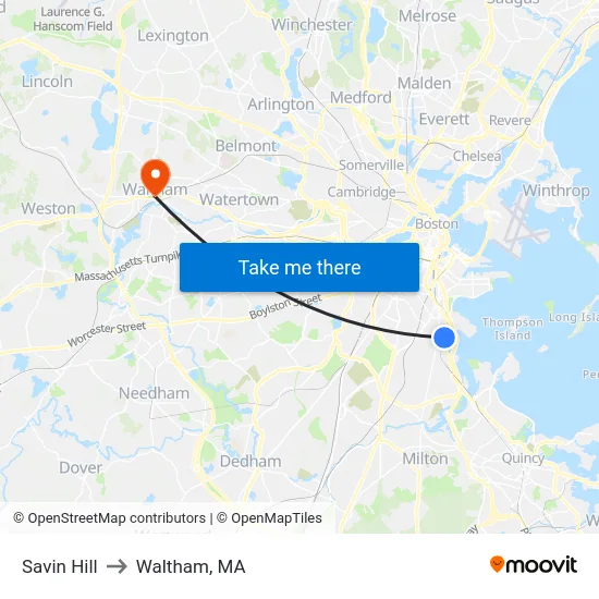 Savin Hill to Waltham, MA map