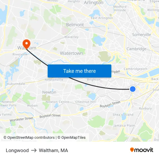 Longwood to Waltham, MA map