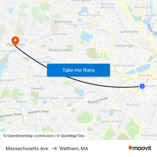 Massachusetts Ave. to Waltham, MA map