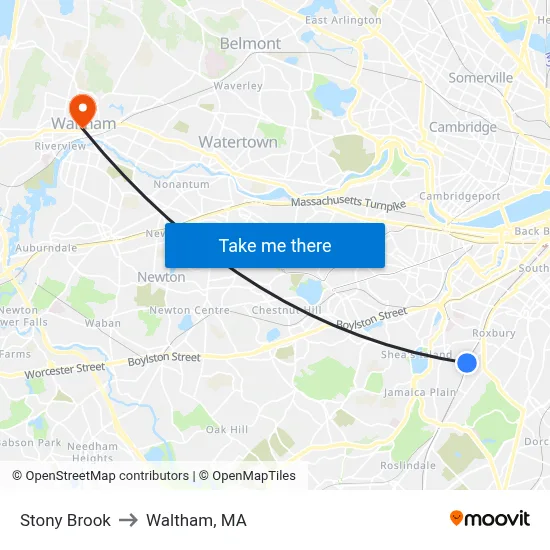 Stony Brook to Waltham, MA map