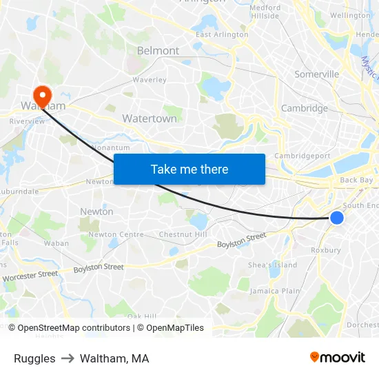 Ruggles to Waltham, MA map