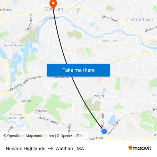 Newton Highlands to Waltham, MA map