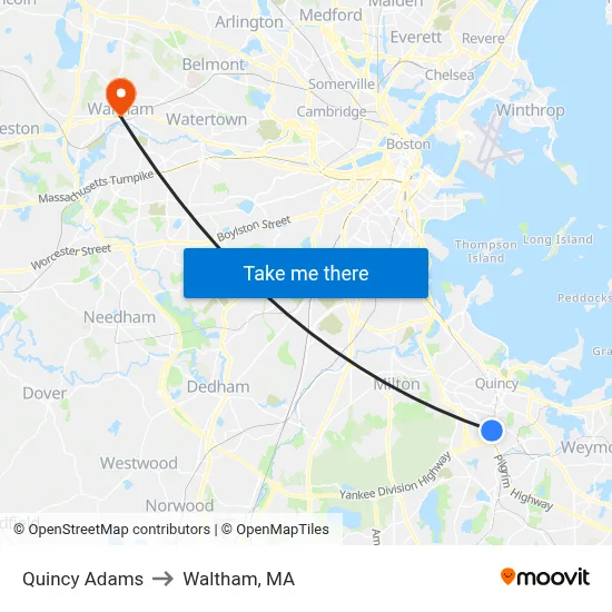 Quincy Adams to Waltham, MA map