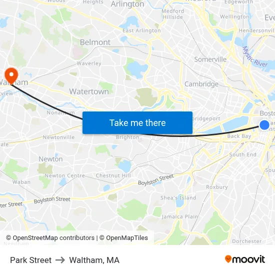 Park Street to Waltham, MA map