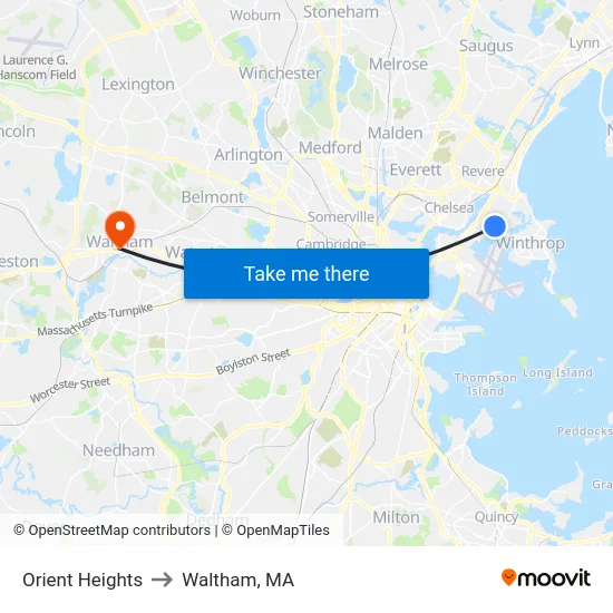 Orient Heights to Waltham, MA map