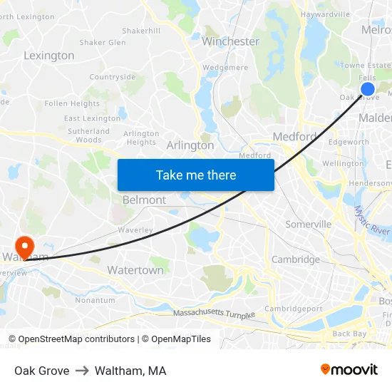 Oak Grove to Waltham, MA map