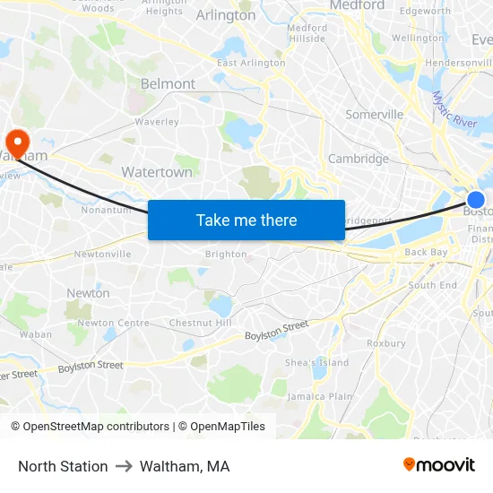 North Station to Waltham, MA map