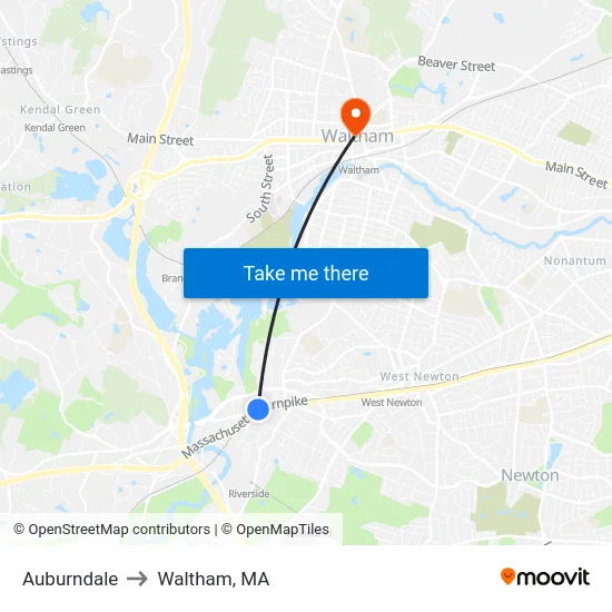 Auburndale to Waltham, MA map