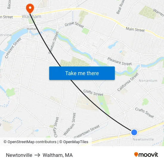 Newtonville to Waltham, MA map