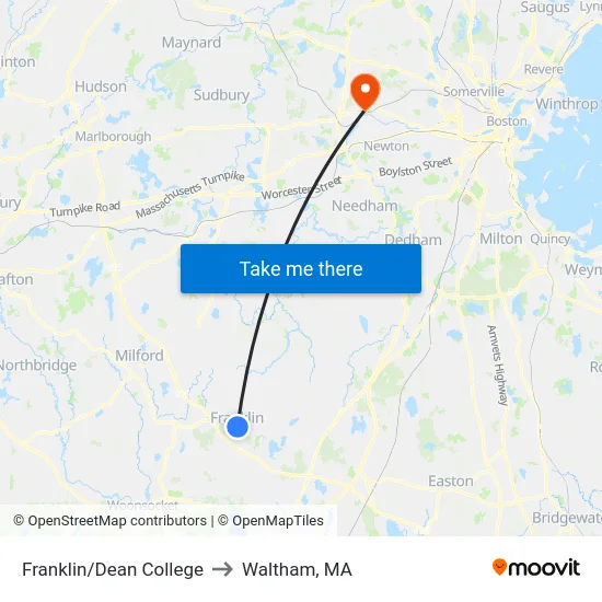 Franklin/Dean College to Waltham, MA map